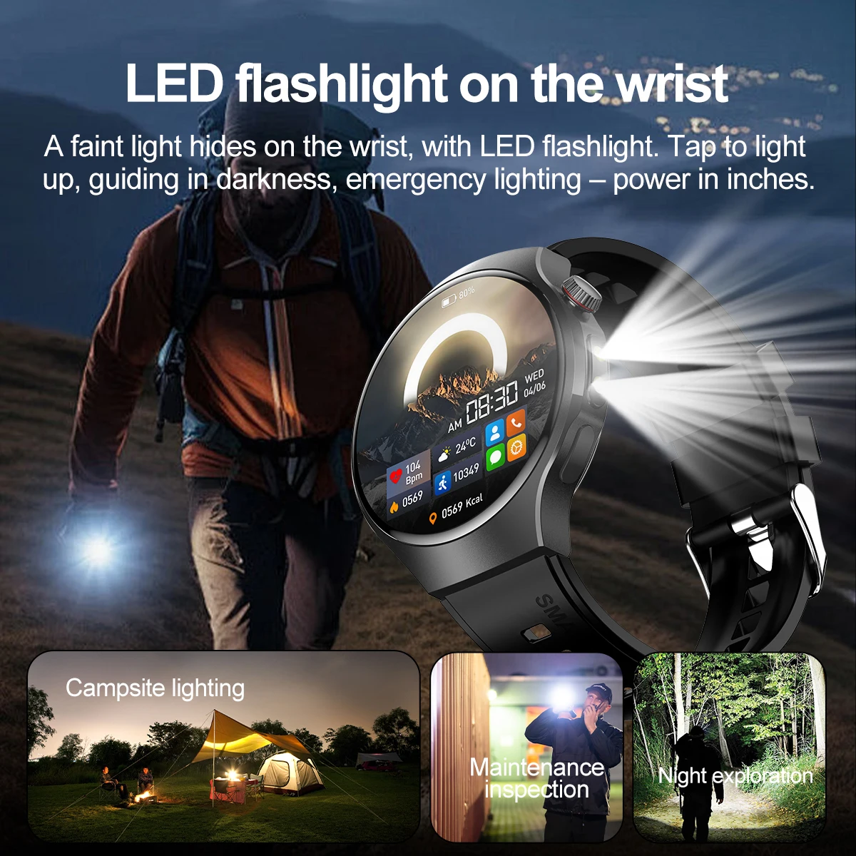 GPS Outdoor Flashlight Smart Watch Men's Health Monitoring AI Voice Assistant IP68 Waterproof Bluetooth Call Smartwatches