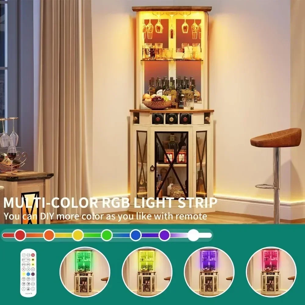 Corner Bar Cabinet w/ LED Lights, 72" Tall Farmhouse Wine Bar Cabinet w/Visualization Glass Door & Adjustable Shelves, Off White