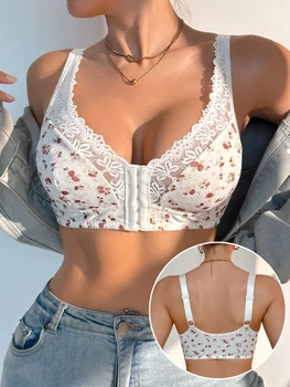 Reggiseno senza fili da donna in pizzo floreale con chiusura frontale, push-up, traspirante, non imbottito, con spalline regolabili, tipo canotta