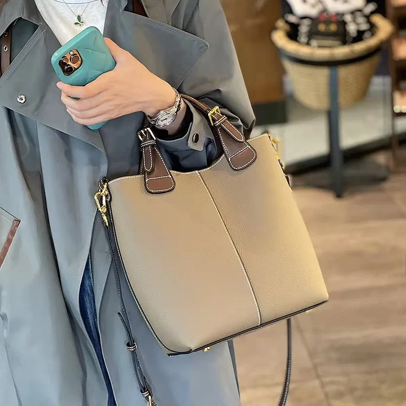 Women's bucket bag made of first-layer cowhide, high-quality multi-purpose handbag, large capacity passenger carry bag, crossbody...