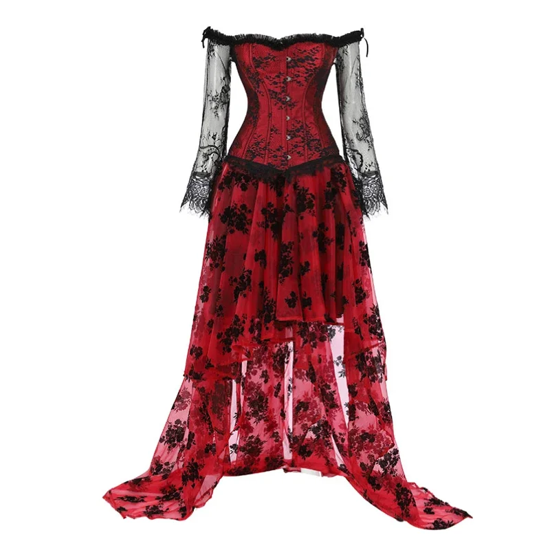 Sexy Lace Skirt Set corsets dress Women's Sexy Jacquard Lace Up Overbust Bustiers Dress Gothic Body Shaper