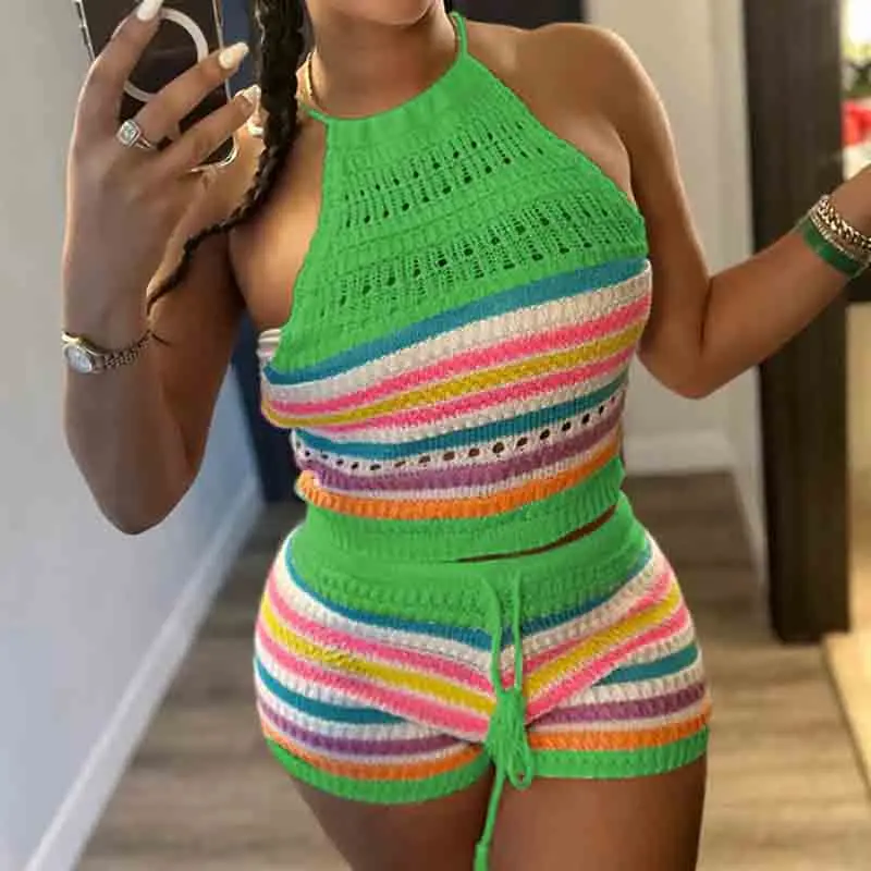 Women Sexy Short Sets Summer Women's New Sweater Fashion Open Back Hanging Neck Top & Wrapped Hip Tight Short Set Beach Style