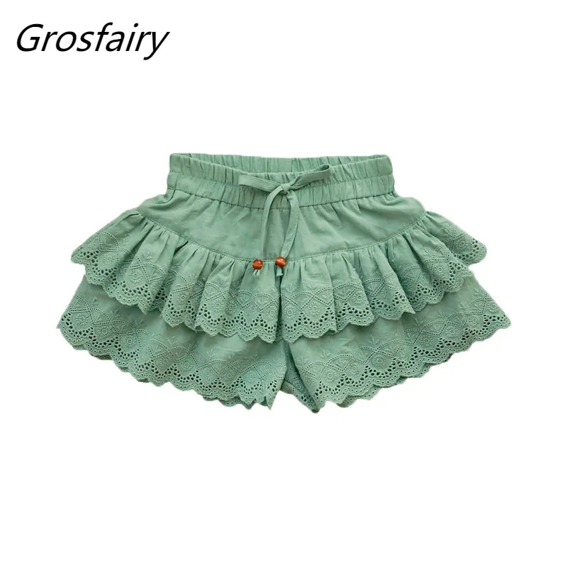 

Grosfairy Summer Cotton Ruffle Baby Girls Shorts Girls Lace Ruffle Shorts Kids Hollow Out Double Layers Pants 1-13Y Children