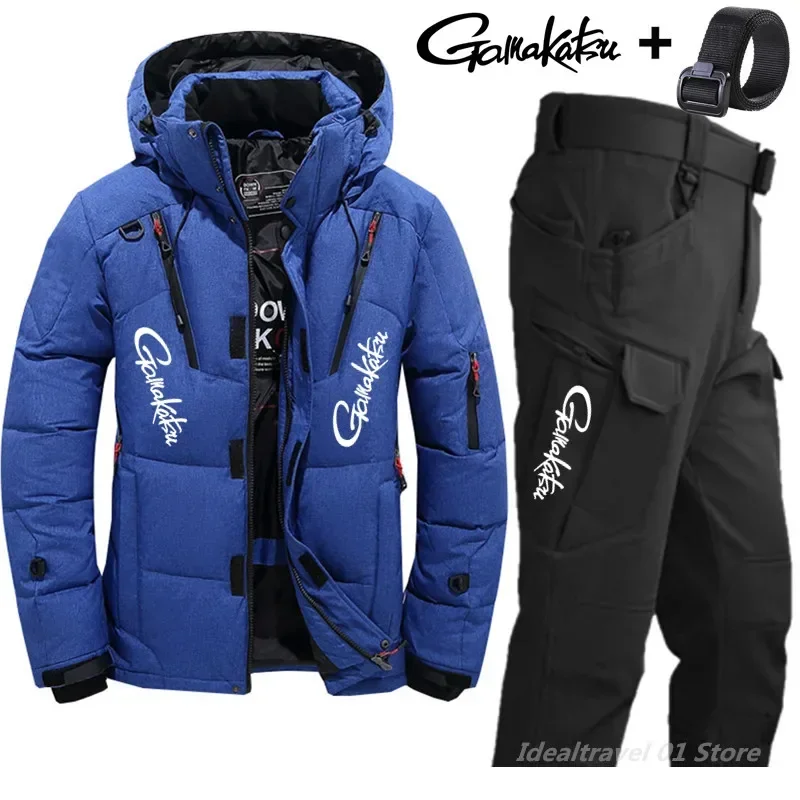 Thicken Down Jacket with Collar for Men, Warm Parka, Waterproof Fishing Suits Winter Fishing Set