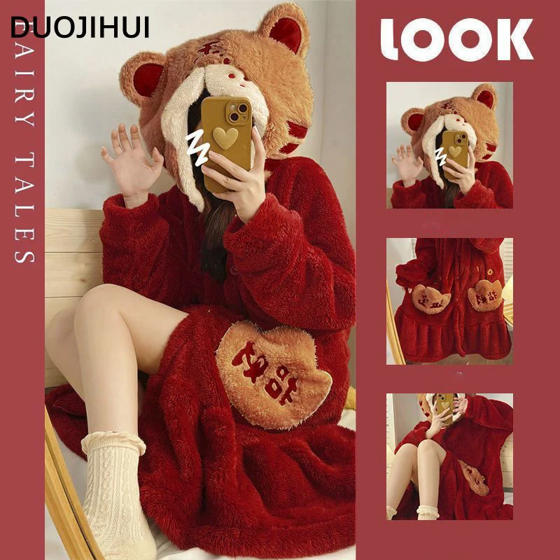 DUOJIHUI Red Hooded Chicly Pocket Female Sleepwear Fashion Print Winter Flannel Simple Loose Casual Thick Warm Robes for Women