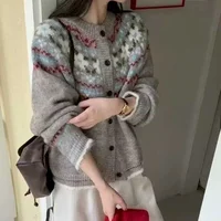 O Neck Jacquard Long Sleeved Cardigan Sweater Coat Retro Casual Women's Knitted Autumn Winter Loose Fashion Casual Sweet Clothes