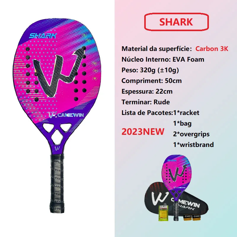 Shark Camewin Beach Tennis 3K Full Carbon Fiber Rude Face Feminino Raquete Beach Tennis Carbon Frame Professional Masculina tennis racket