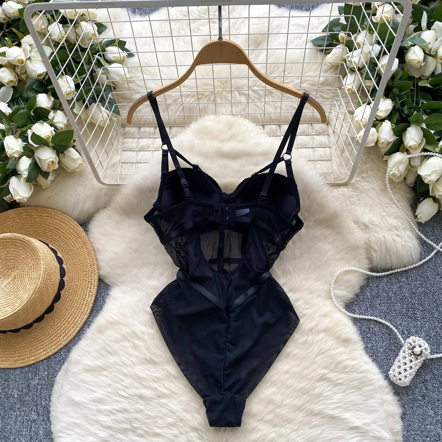 women’s bandage mesh bodysuit back view