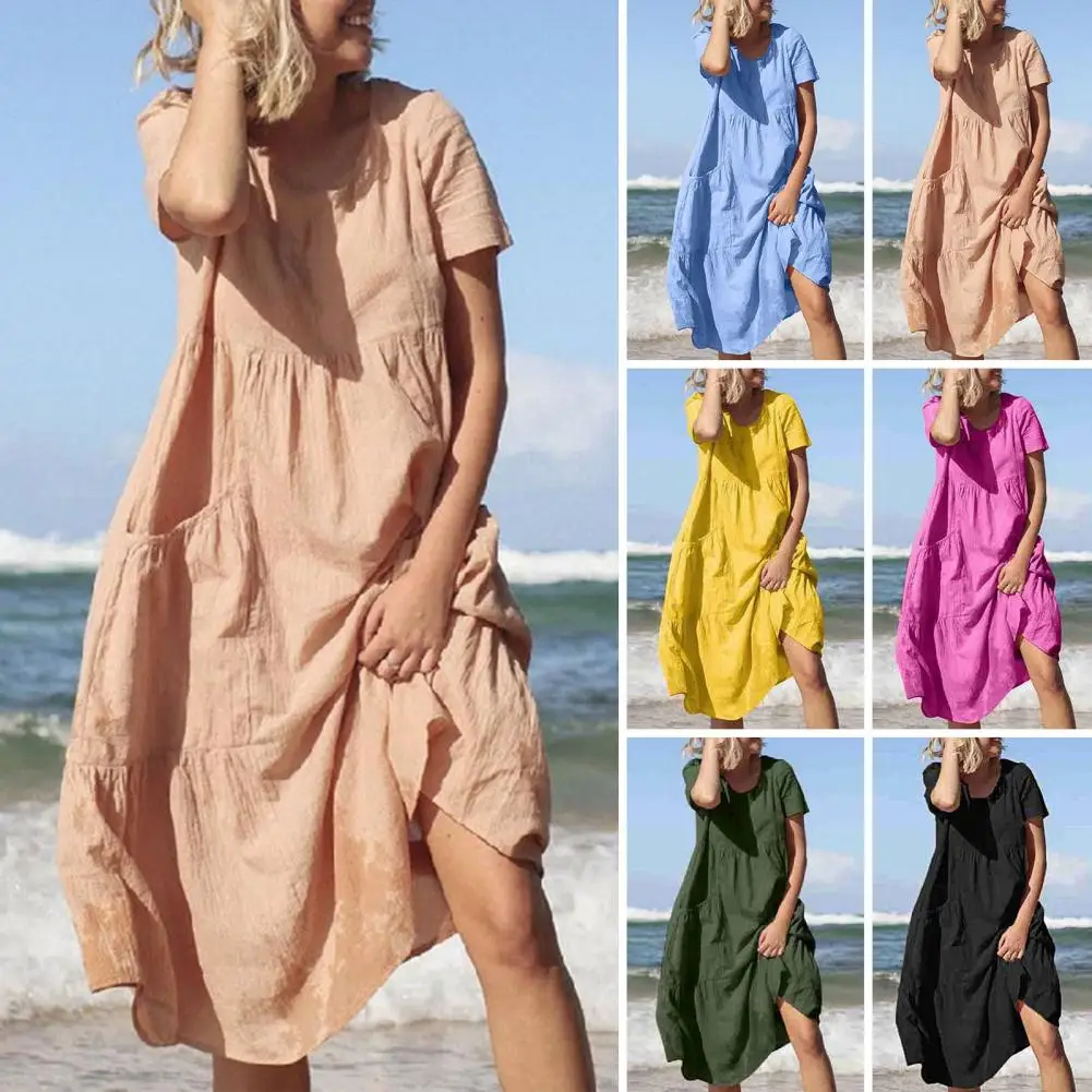 Xiaojie Women's V-Neck Pleated Mini Dress – Loose Babydoll Swing Dress – Short Sleeve Casual Flowy Dress