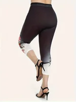 Plus Size Large Casual Set, Summer New Contrasting Rose Flower Print Oversized Round Neck T-Shirt Pants, Slim Fit Two-Piece Set - Image 3