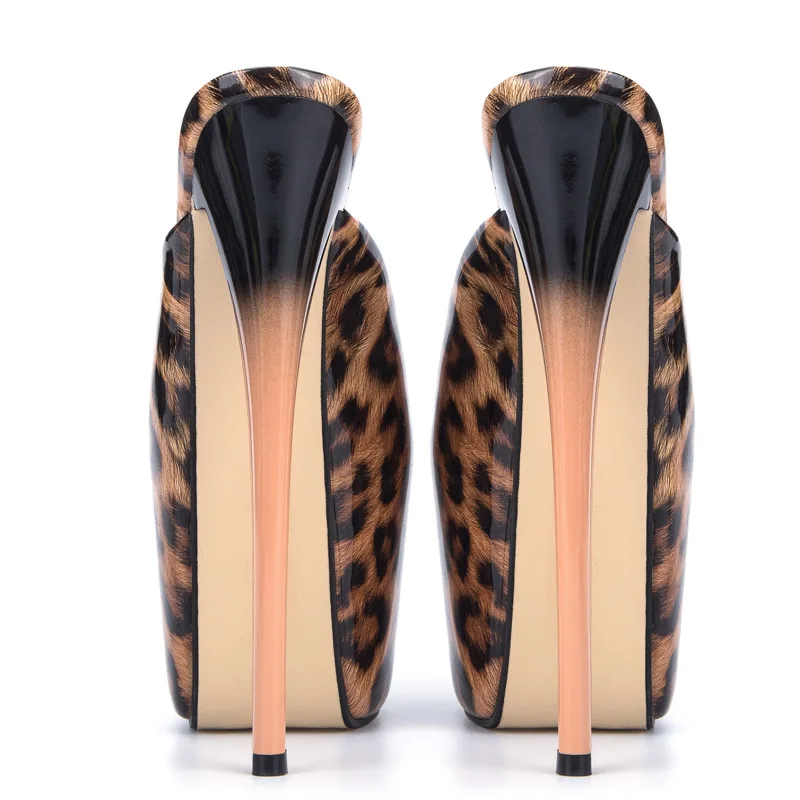 Sexy leopard slippers women 19cm extreme high heels sandals luxury platform summer mules fetish party shoes ladies large size 48