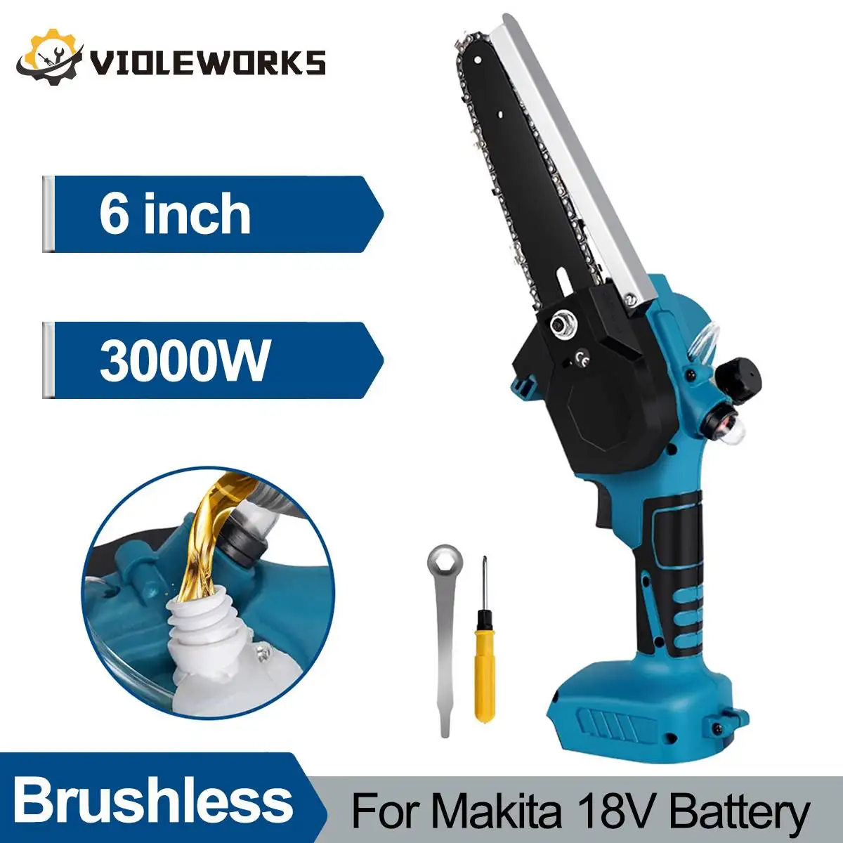 

3000W 6inch Cordless Electric Chain Saw Brushless Motor Protable Handheld Chainsaw Tree Branches Wood Cutter for Makita 18V