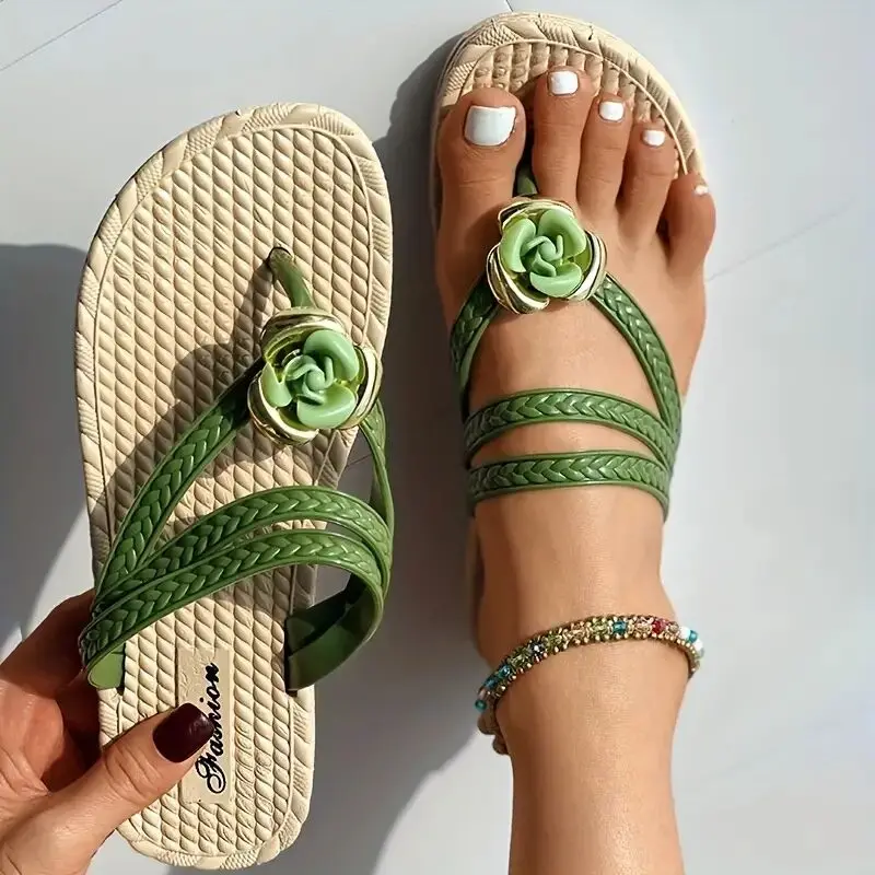 Women's Flower Flip Flops Sandals Woman Fashion Open Toe Summer Casual Flats Shoes Non Slip Slides Shoes Outdoor Beach Slippers