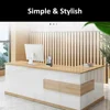 Modern L-Shaped Reception Desk with Hutch and Lockable Drawer & Cabinet, Office Wooden Computer Front Desk, Retail Counter 3
