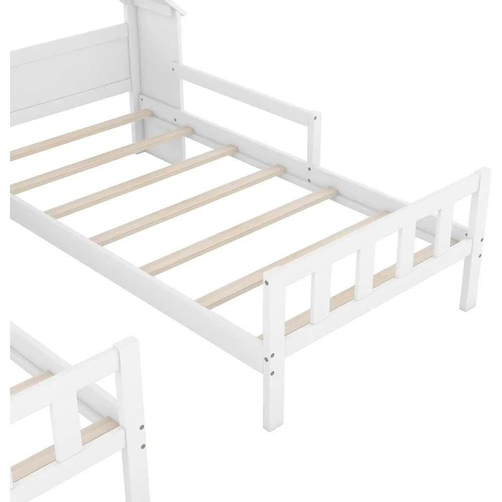Double Twin Bed Frame for Kids, Bed Frame with House Shaped Nightstand, Twin Size Shared Beds Frame Double 5