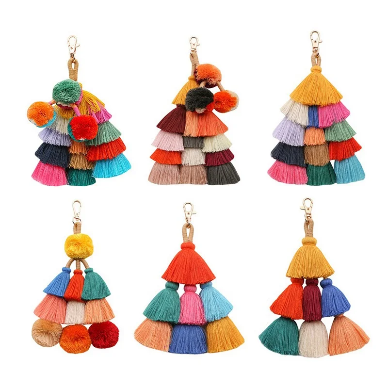 

Summer Bohemian Bag Pendant Keychain For Women Accessories Charm Pompom Keyring With Tassels Car Key Chain Pentant Multicolor