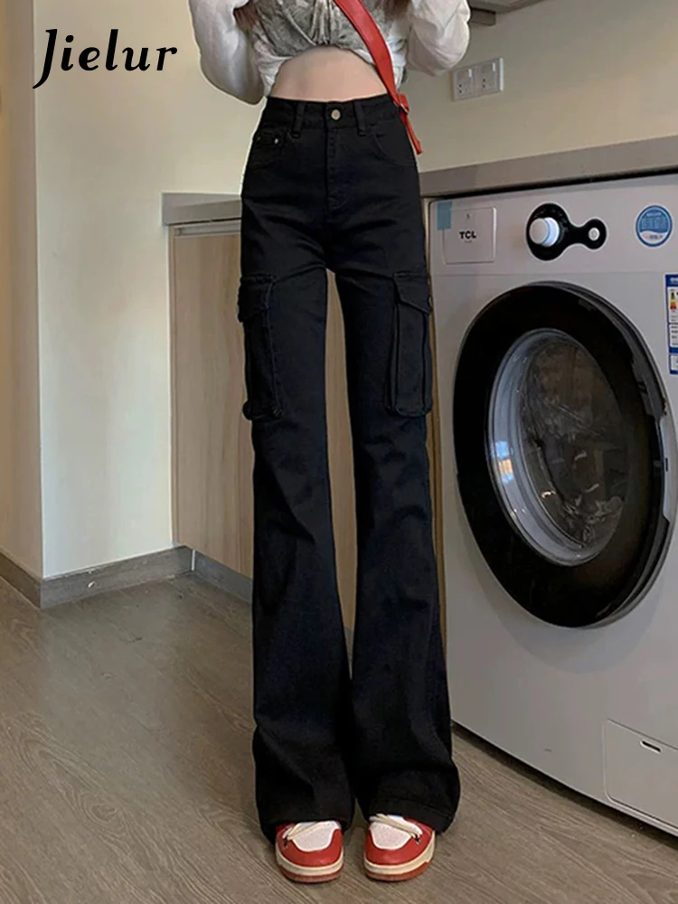 Jielur Black Slim High Waist Fashion Women's Jeans Office Lady Solid Color Pockets Casual Chic Female Cargo Pants Zipper Button