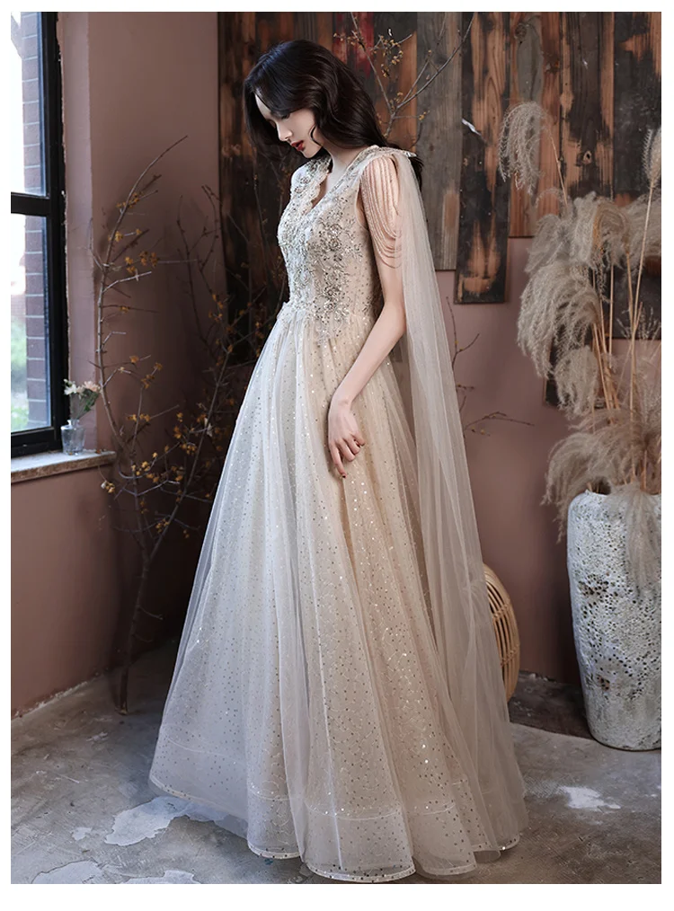 long formal dresses for women Fairy Evening Dresses Long With Beads 2021 Elegant V-Neck A-Line Floor-Length Appliques Sequined Tulle Backless Women Prom Gowns long evening gowns