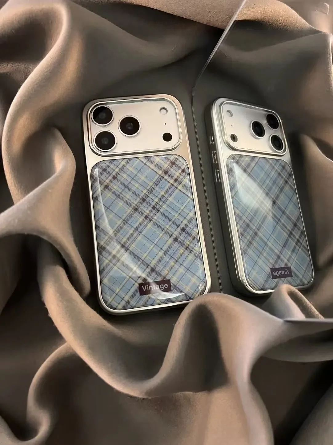 Retro Blue Brown Checkered Fashion Phone Case - Japanese and Korean Ins Style Y2K Cover