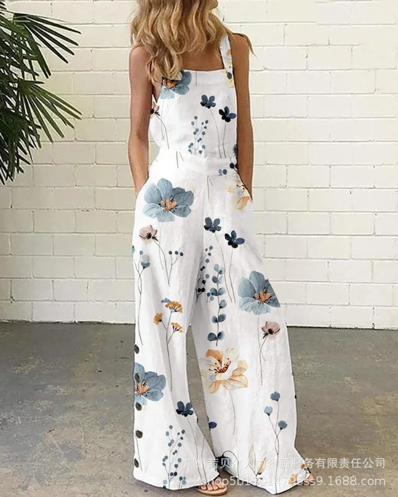 

Floral Print Wide Leg Suspender Jumpsuit Women Sleeveless Summer Spring Loose High Waist Overall Pants Jumpsuits