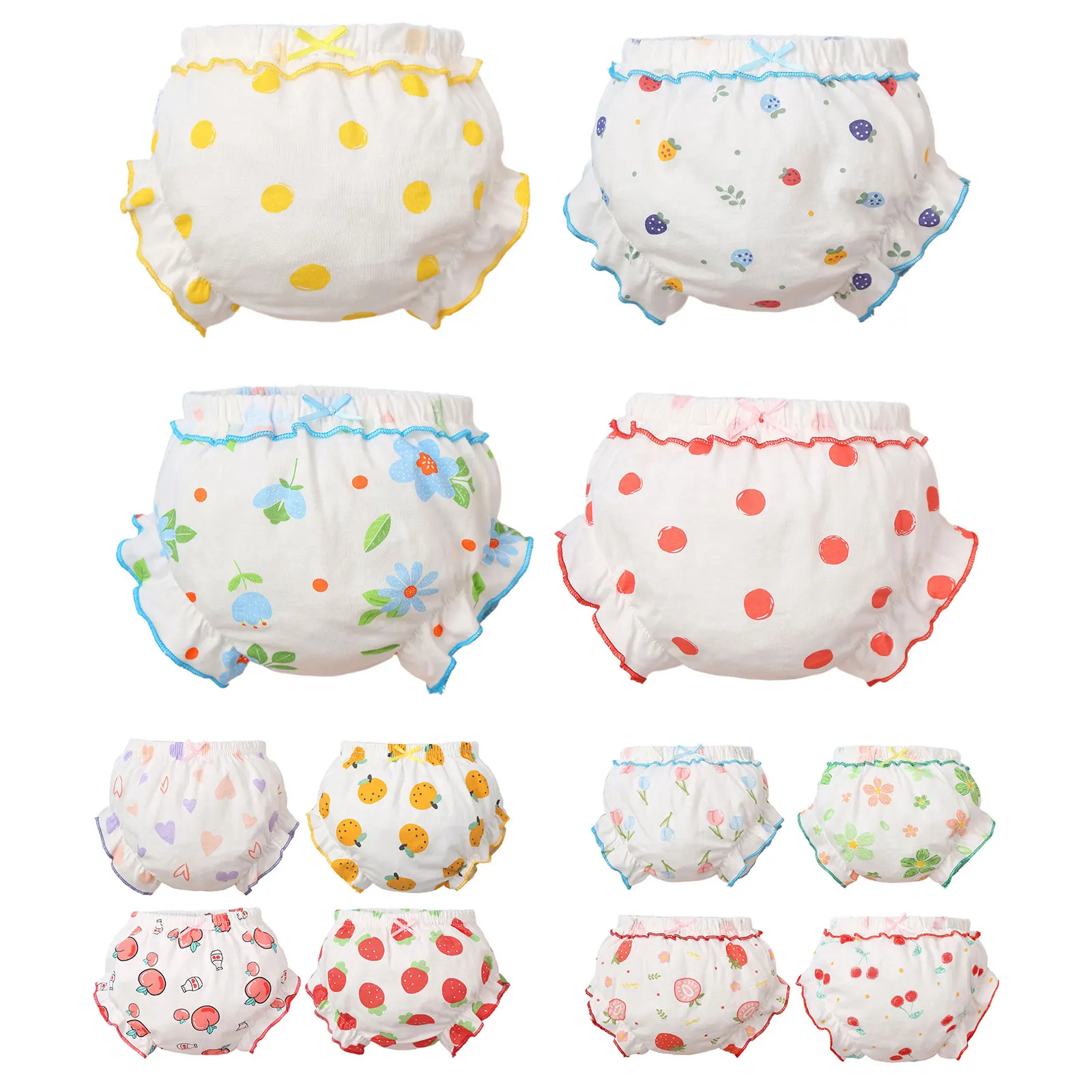Infant Baby Girls 4Pcs Cotton Bloomers Panties Summer Cute Flower Fruit Print Ruffle Bloomer Diaper Covers Underwear Underpants
