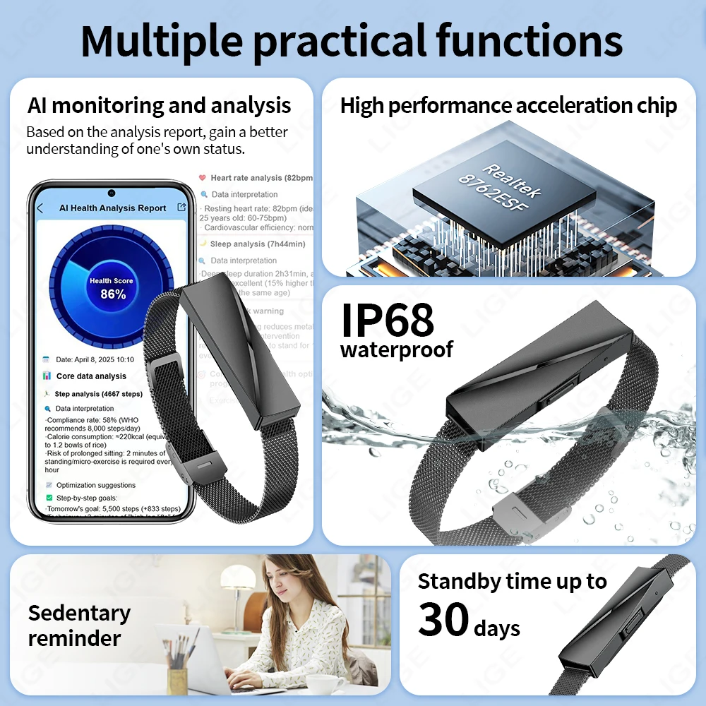 LIGE New Smart Bracelet Women Men Heart Rate Call Reminder Waterproof Wristband For Couple Lady Gifts Fitness Sport Health Band 3