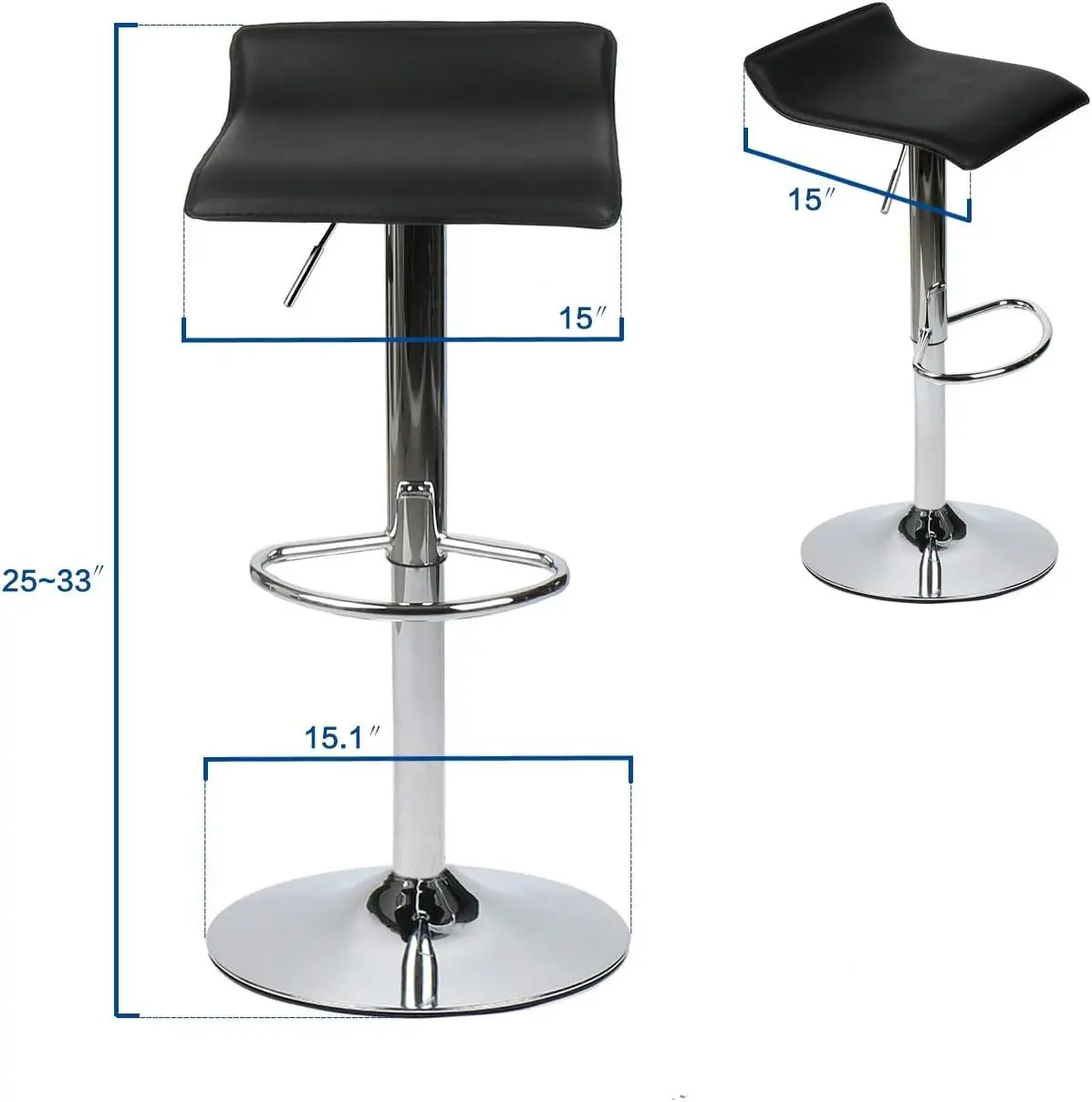 Set of 2 Barstool, Adjustable Swivel Bar Stools with PU Leather and Chrome Base, Gaslift Pub Counter Chairs, Black