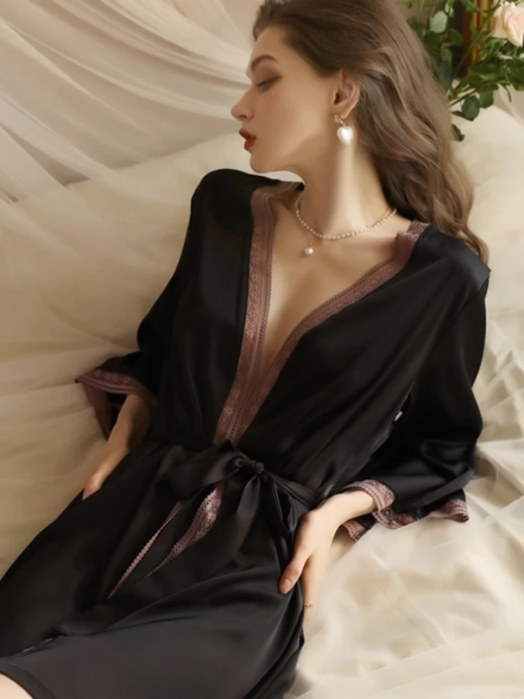 Nightdress SolidColor ThinSexy Fashion Casual Lace Stitching Silk Two-Piece Women's Summer Cardigan Coat Morning Sling Home Wear