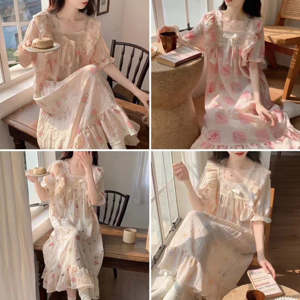 Summer New Nightgowns Ladies Pajamas Homewear Women Bubble Wrinkled Fabric Cute Loose Dresses Student Nightgowns Homewear