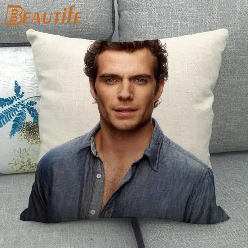 Funda de almohada personalizada Henry Cavill, funda de almohada de tela de lino y algodón ecológica decorativa para boda, 45x45cm