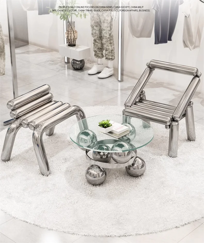 Description Picture 2 of itemModern Simplicity Stainless Steel Chair Creative Design Minimalism Style ART Home Living Room Chair Stainless Glass Tea Table