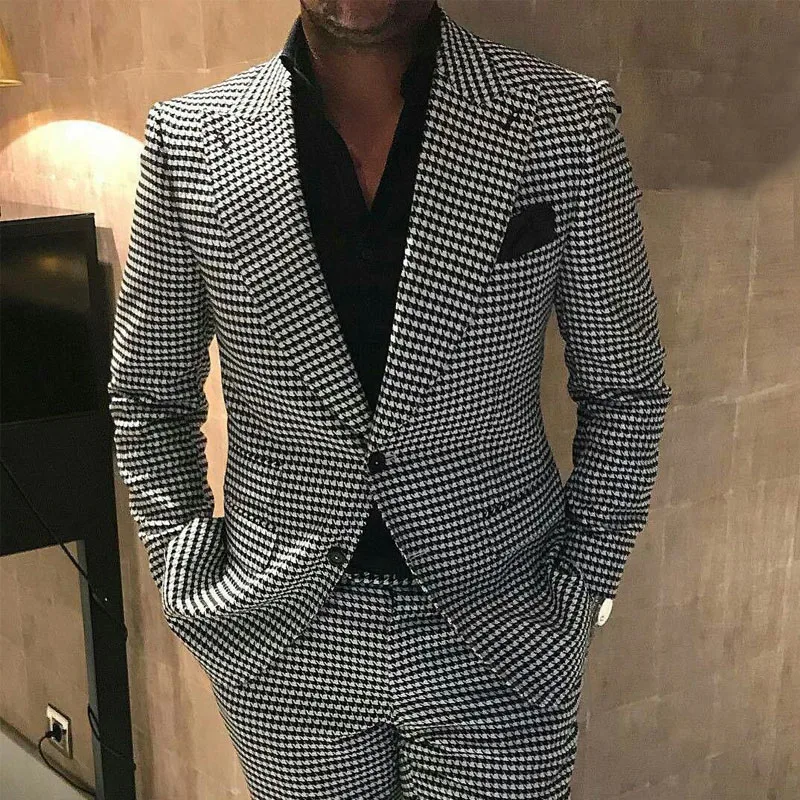 Plaid Men Suits For Wedding 2 Pieces Houndstooth Checkered Groom Tuxedos Male Fashion Clothes Costume Homme Jacket With Pants