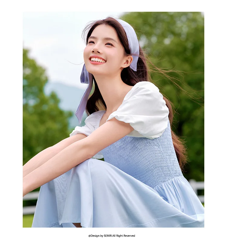 Dress Women Color-Blocking Puff Sleeves Sweet and Elegant Temperament Autumn Hepburn Style Tight Retro Skirt