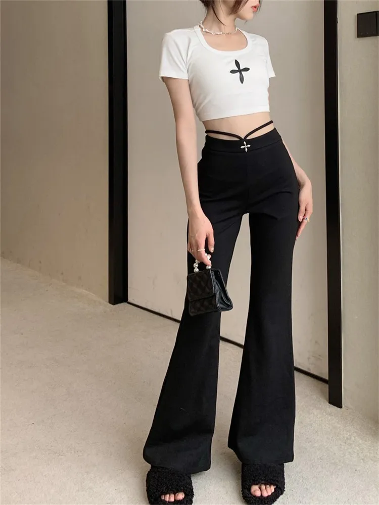 Spice Girl Hollow Out Black Wide Leg Casual Pants Women's Summer 2022 New Ins High Waist Micro Horn Pants 2020 korean small fresh chiffon summer new elastic elegant puffy school girl mini floral micro tutu tulle skirts women sexy kilt