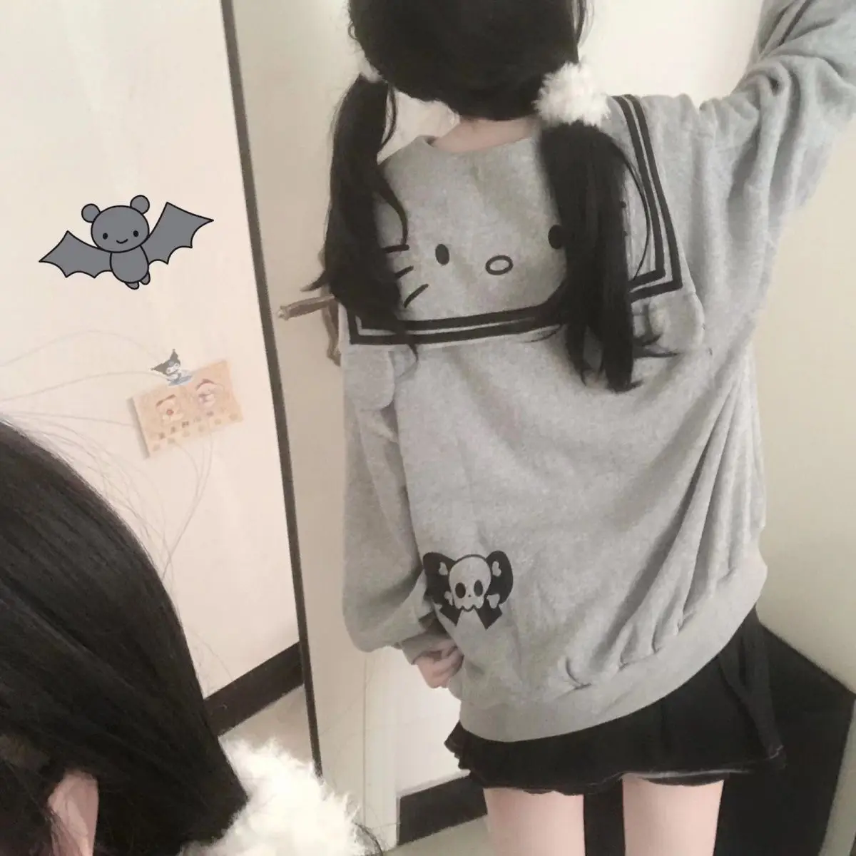 헬로 키티 네이비 칼라 지퍼 재킷, 산리오 소녀 애니메이션 카와이 가디건, 면 후디, 가을 코트, 일본 루즈 캐주얼, 귀여운