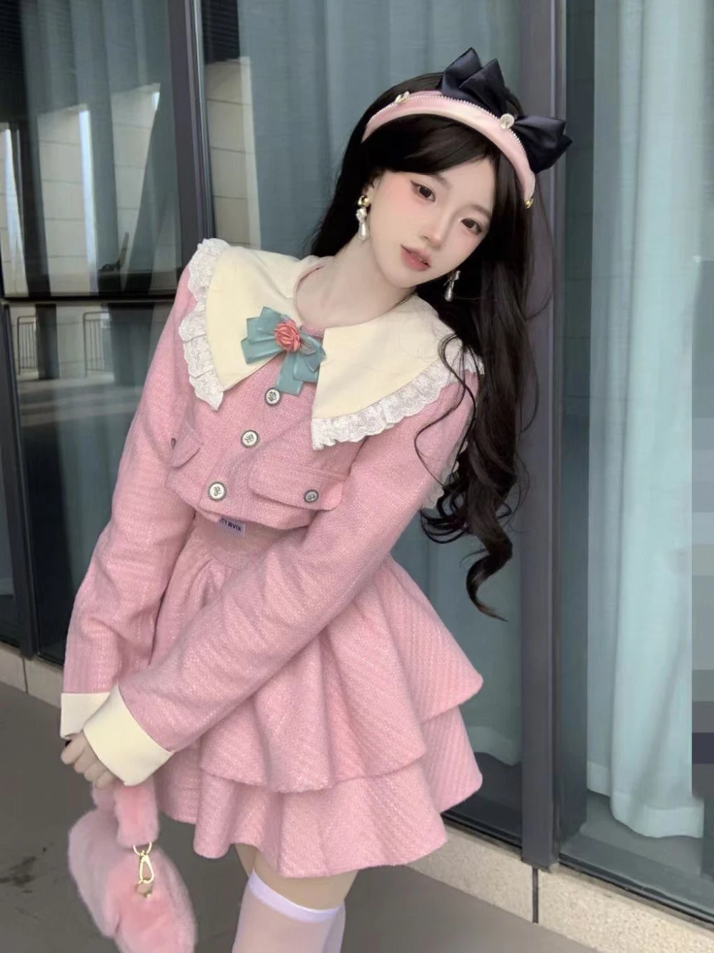 

Winter Elegant Sweet Princess Dress Women Doll Collar Collision Splicing Short Coat+ Fluffy Dresses Pink Suit Korean Fashion