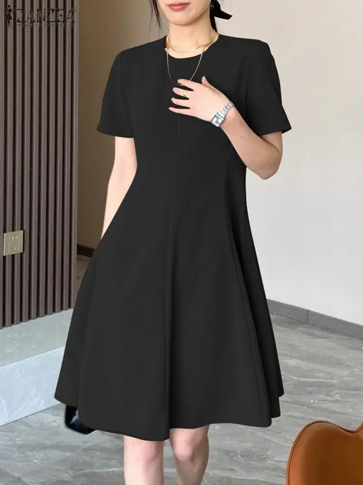 

Fashion A-line OL Work Dress ZANZEA Women Elegant O Neck Short Sleeve Sundress Summer Casual Solid Party Knee-length Vestido