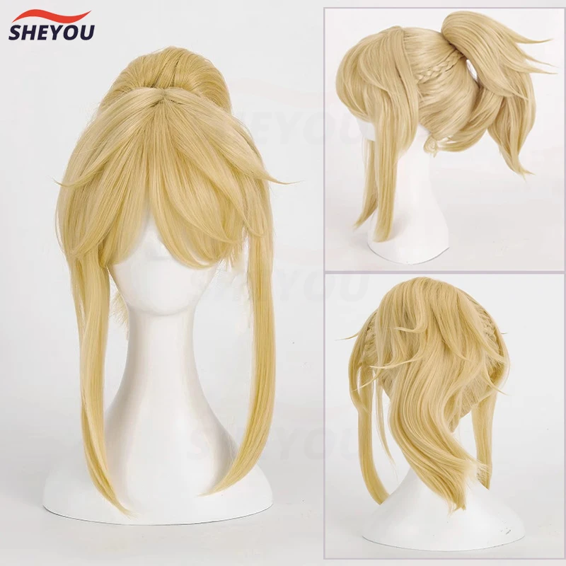 

Game Fate Apocrypha Mordred Cosplay Wig Long Light Golden With Ponytail Heat Resistant Synthetic Hair Anime Wigs + Wig Cap