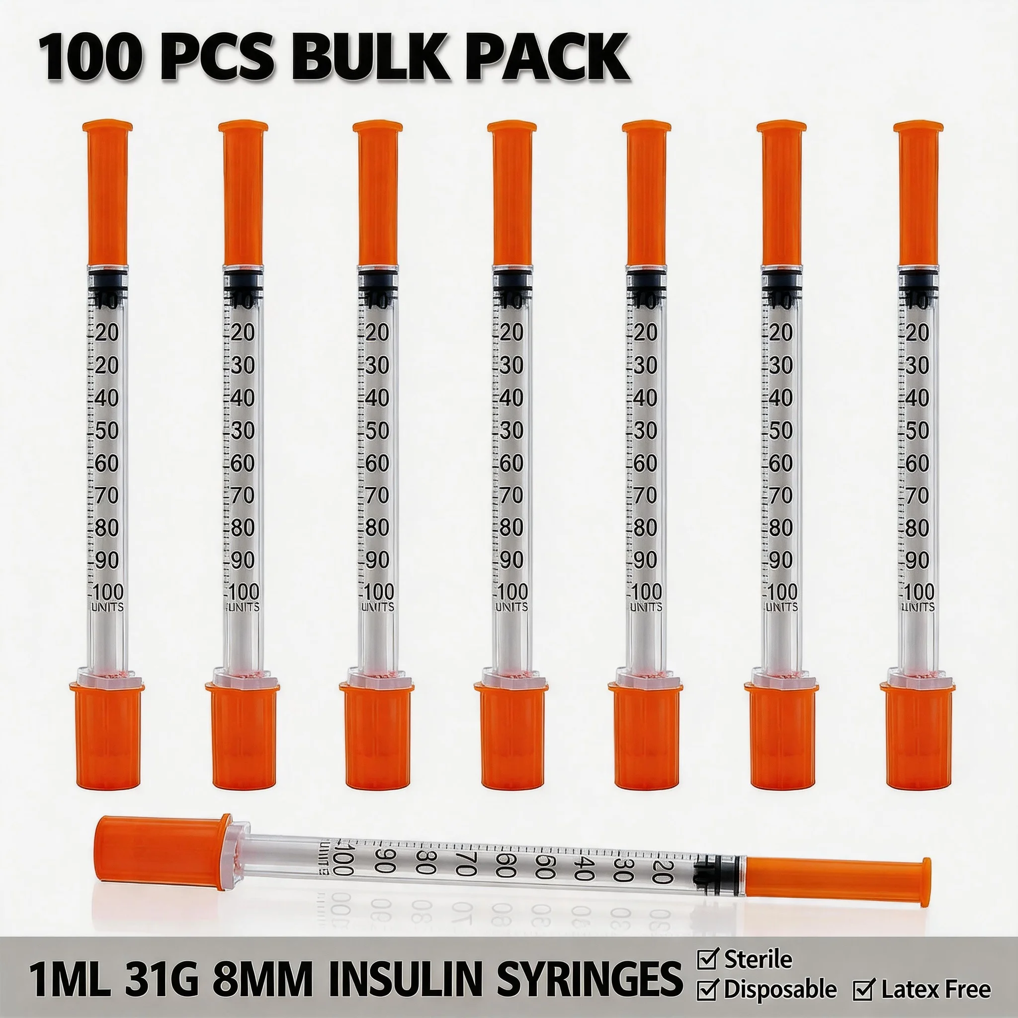 100 Stück 0,5/1 ml Einwegspritzen mit 31Ga 8 mm Edelstahlnadel, Labor-Messwerkzeug, Tierfütterung, einzeln versiegelte Verpackung