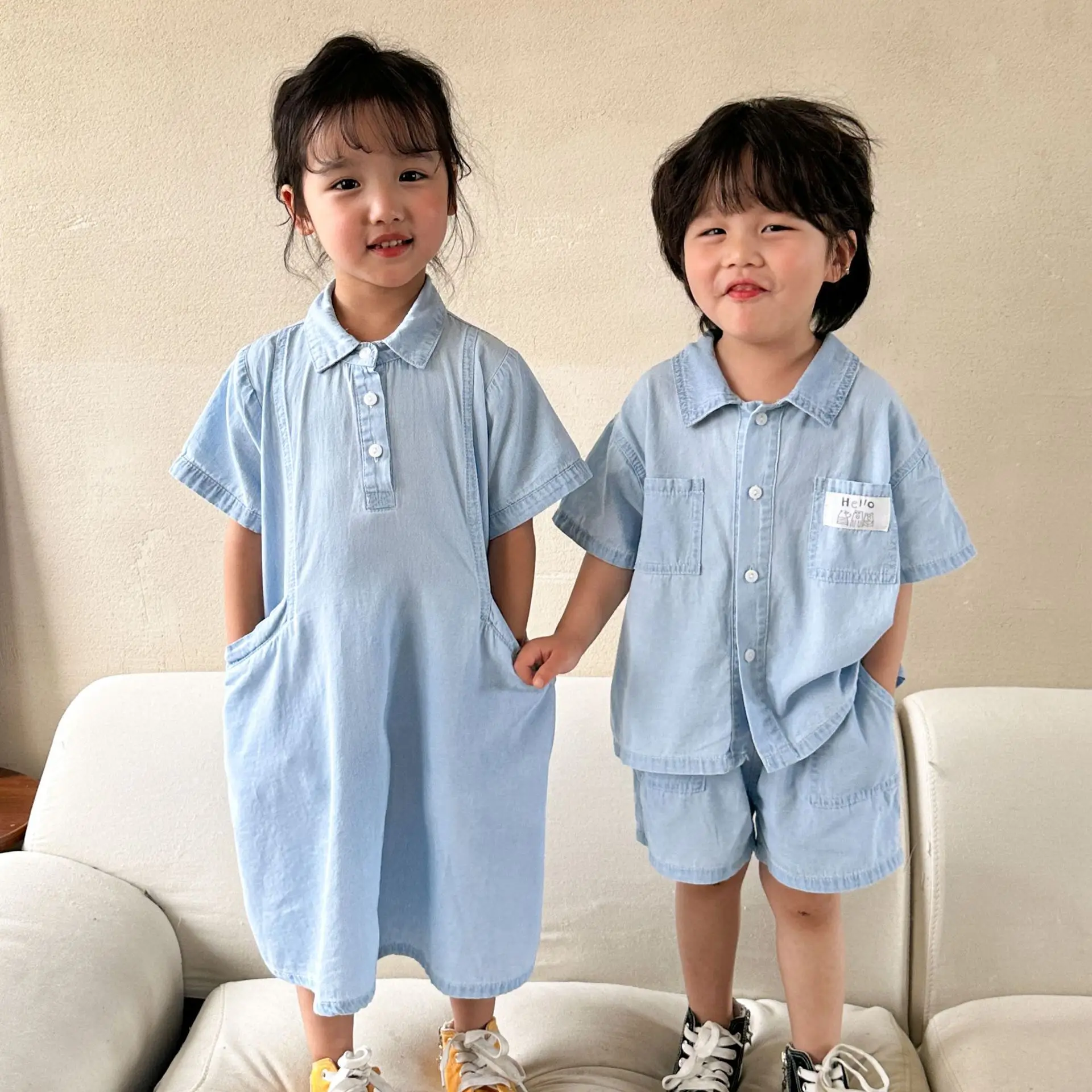 

Boys Cute Denim Set Thin Solid Shirts + Double Pockets Shorts Girls Children Turn-down Collar Denim Dress Brother Sister Outfits