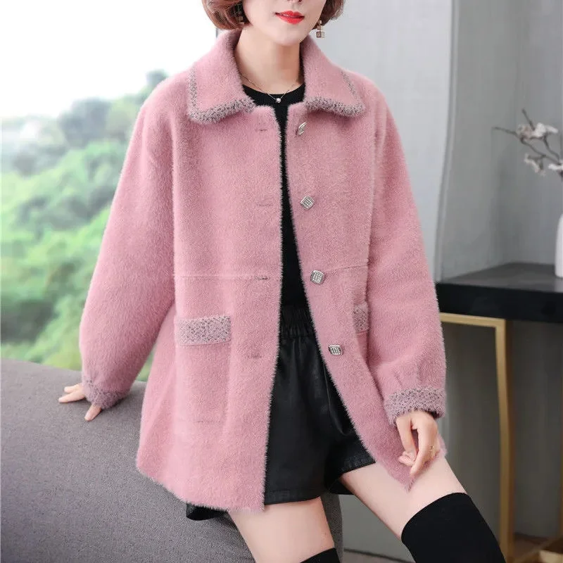 

New Women's Mink fleece Woolen Coat Female Autumn Winter Jacket Thicken Keep Warm Wool Coats Woolen Overcoat Women Outerwear