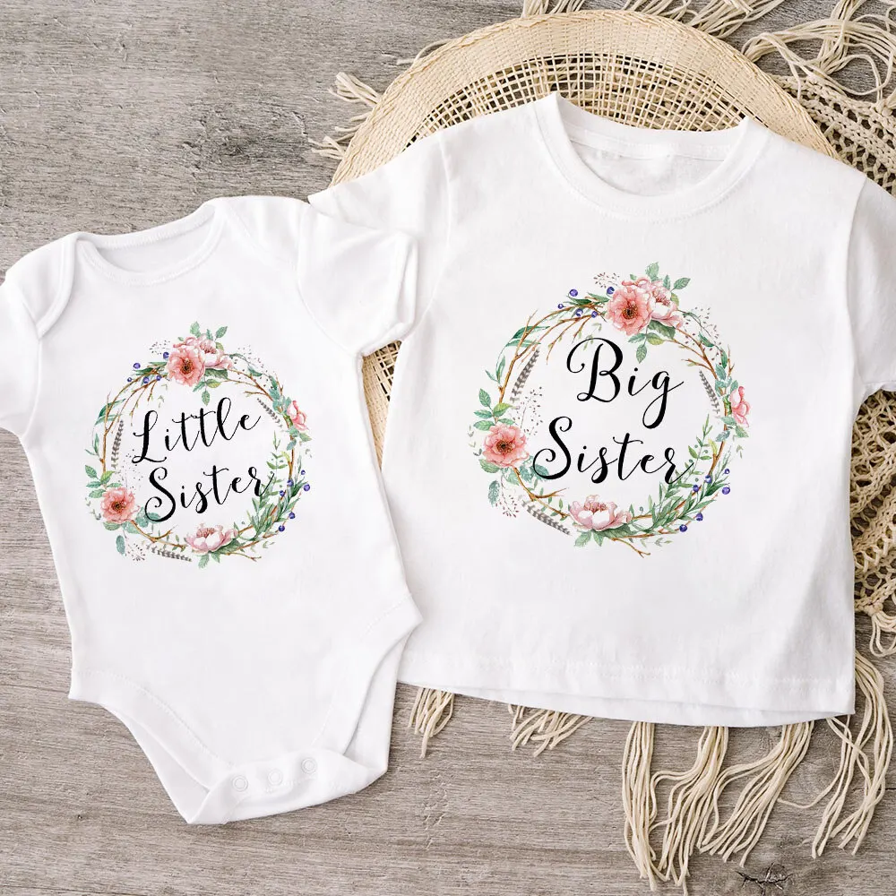 Flowers Wreath Print Big Sister Little Sister Family Matching Outfit Kids Clothes Short Sleeve T Shirt Baby Bodysuit Kids Romper 5