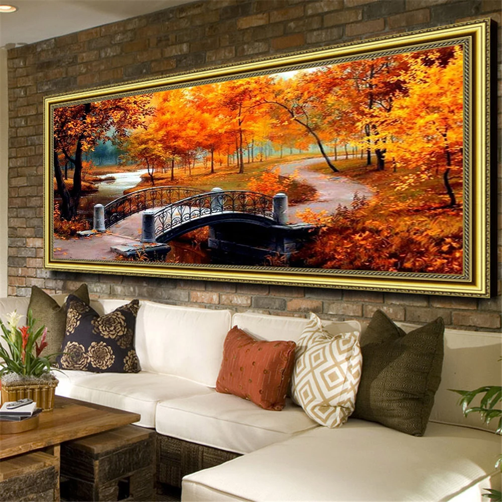 

Modern Art DIY 5D Diamond Painting Maple Trees Bridge Scenery Cross Stitch Autumn Landscape Diamond Embroidery Wall Home Decor