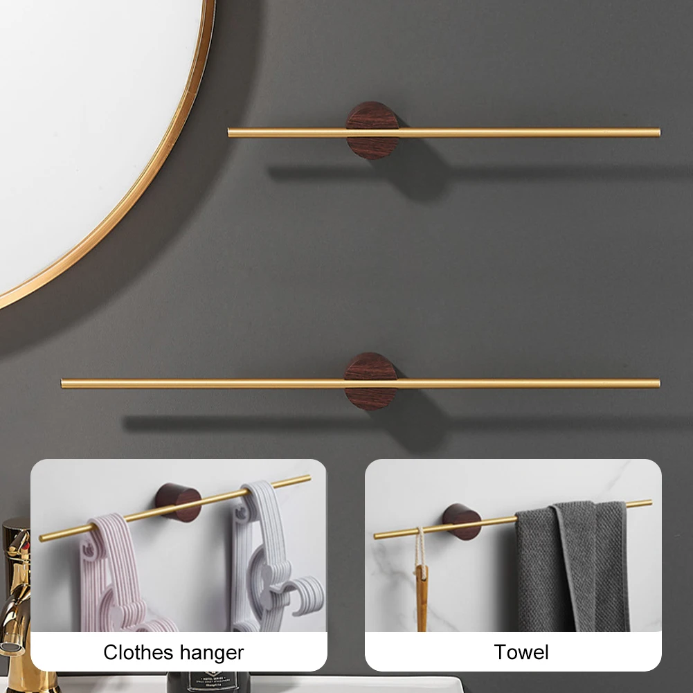 

Bathroom Towel Bar Adjustable Bath Towel Rack Holder Aluminum Alloy with Wooden Base Punch-Free Wall Mount Towel Hanger Bathroom