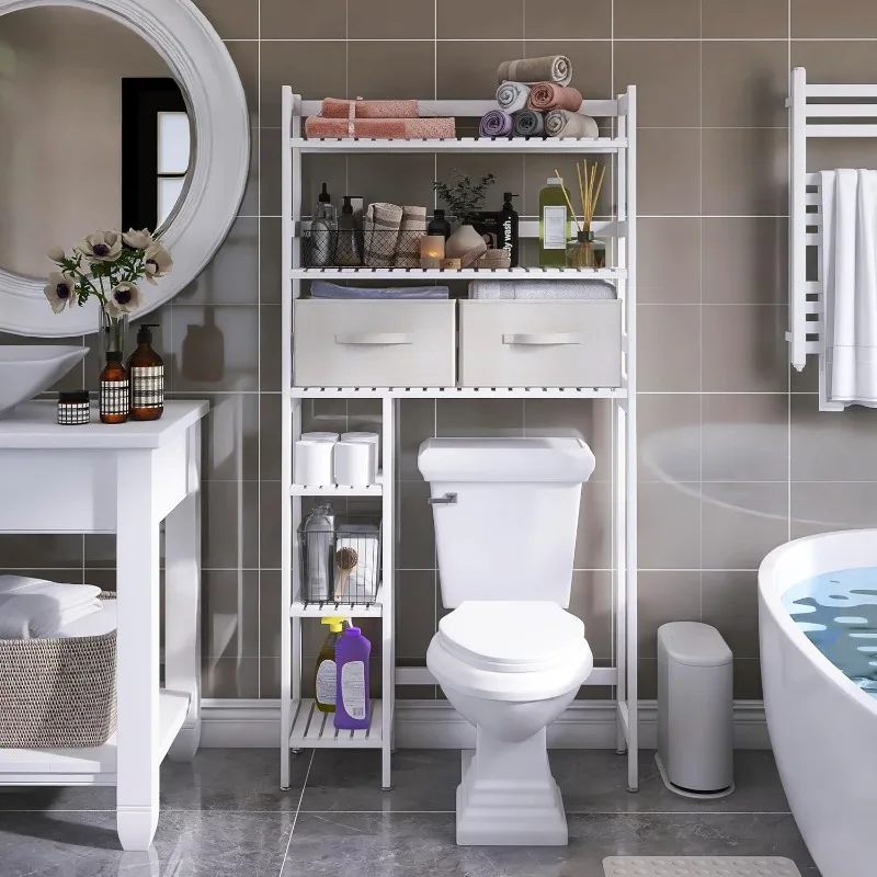 Over The Toilet Storage with Drawers, Large Bathroom Space Saver Organizer Rack, Freestanding Behind Toilet Stand with 6-Tier 4
