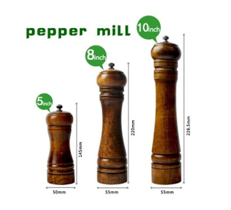 Salt and Pepper Mill, Solid Wood Pepper Mill with Strong Adjustable Ceramic Grinder 5" 8" 10"-Kitchen Tools
