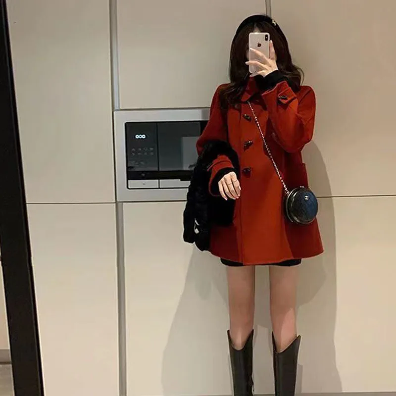 2022 Autumn And Winter New Korean Version Thickened Red Denim Button Small Medium Long Woolen Coat Women