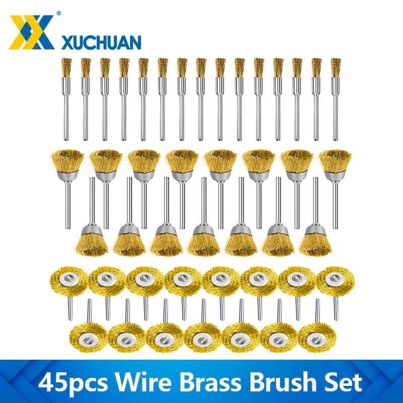 45-teiliges Messingdraht-Rad-Topfbürsten-Set, 3 mm Schaft, Metall-Rostentfernungsbürsten-Set für Dremel-Drehwerkzeug, Zubehör