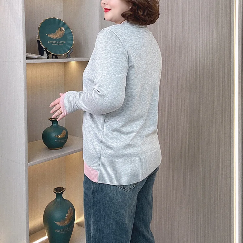 Plus Size Women Sweater Autumn Winter New Round Neck Fashion Fake Two Pieces Pullover Simple Jumpers 670