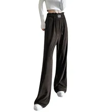 

Women Casual Straight Pants High Waist Loose Wide Leg Trousers with Embroidered Logo for Home Office